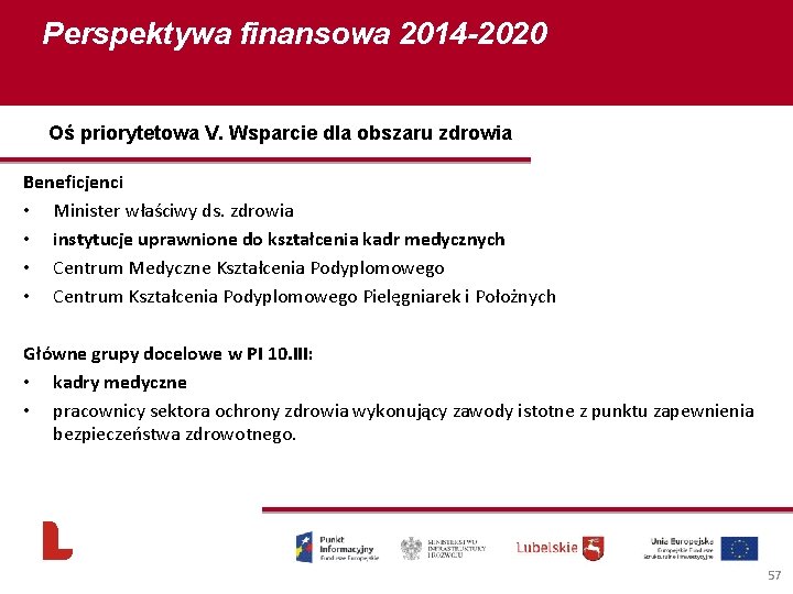 Perspektywa finansowa 2014 -2020 Oś priorytetowa V. Wsparcie dla obszaru zdrowia Beneficjenci • Minister