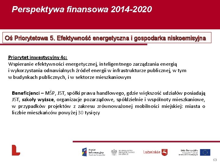 Perspektywa finansowa 2014 -2020 Oś Priorytetowa 5. Efektywność energetyczna i gospodarka niskoemisyjna Priorytet inwestycyjny