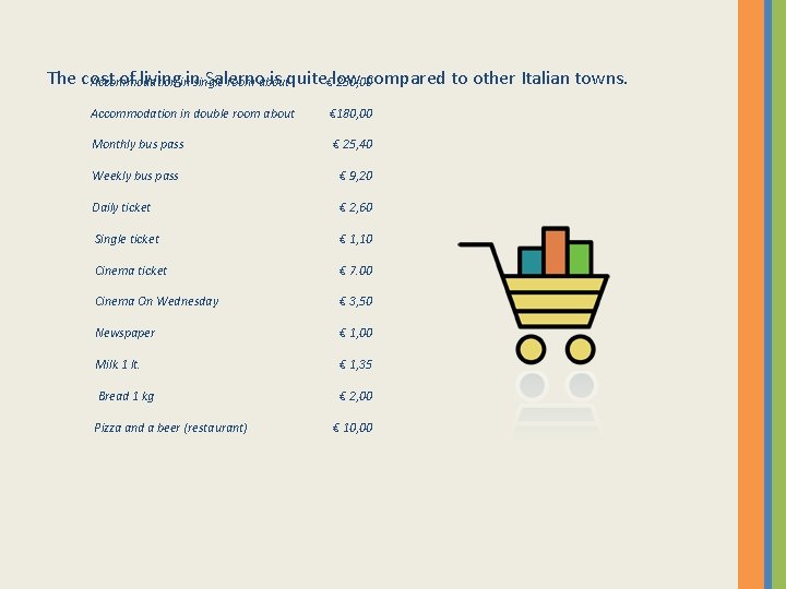 The cost of livingininsingle Salerno is quite€low compared to other Italian towns. Accommodation room
