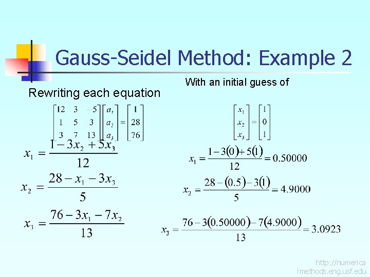 Gauss-Seidel Method: Example 2 Rewriting each equation With an initial guess of http: //numerica