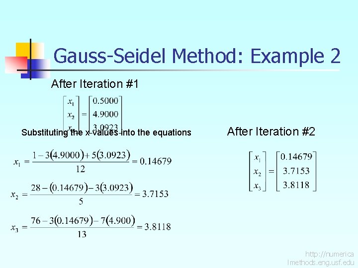 Gauss-Seidel Method: Example 2 After Iteration #1 Substituting the x values into the equations