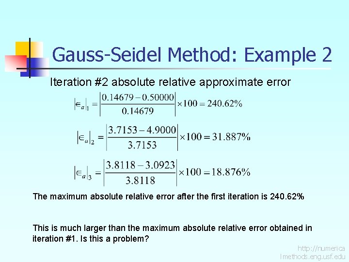 Gauss-Seidel Method: Example 2 Iteration #2 absolute relative approximate error The maximum absolute relative