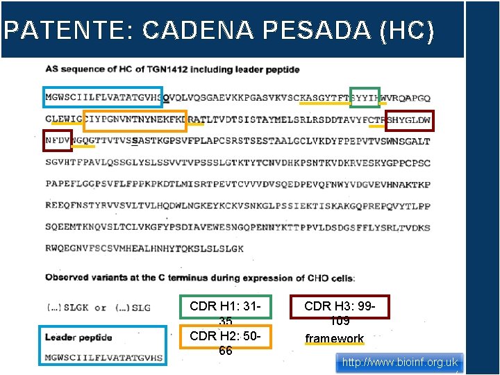 PATENTE: CADENA PESADA (HC) CDR H 1: 3135 CDR H 2: 5066 CDR H
