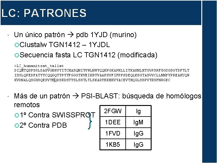 LC: PATRONES Un único patrón pdb 1 YJD (murino) Clustalw TGN 1412 – 1