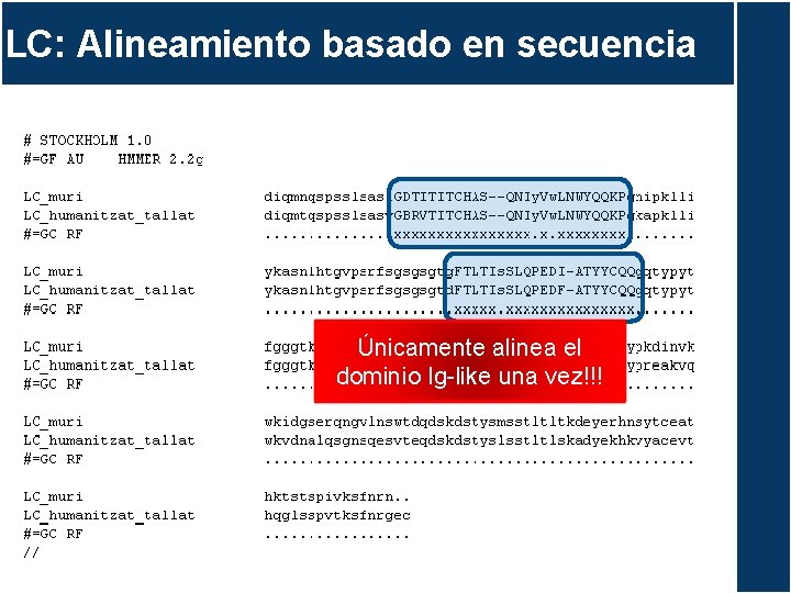 LC: Alineamiento basado en secuencia Únicamente alinea el dominio Ig-like una vez!!! 