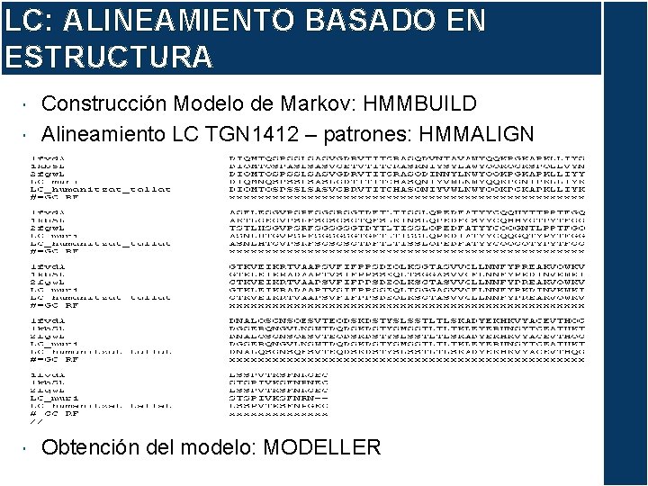 LC: ALINEAMIENTO BASADO EN ESTRUCTURA Construcción Modelo de Markov: HMMBUILD Alineamiento LC TGN 1412