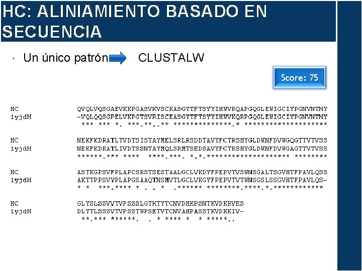 HC: ALINIAMIENTO BASADO EN SECUENCIA Un único patrón CLUSTALW Score: 75 