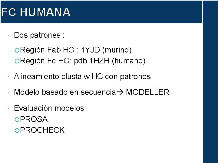 FC HUMANA Dos patrones : Región Fab HC : 1 YJD (murino) Región Fc