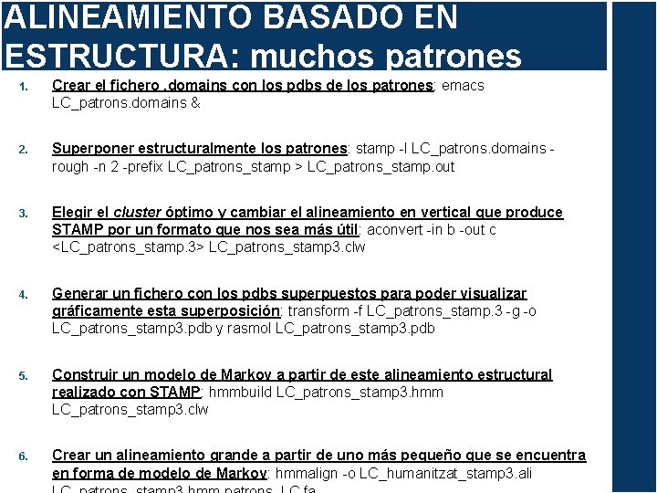 ALINEAMIENTO BASADO EN ESTRUCTURA: muchos patrones 1. Crear el fichero. domains con los pdbs