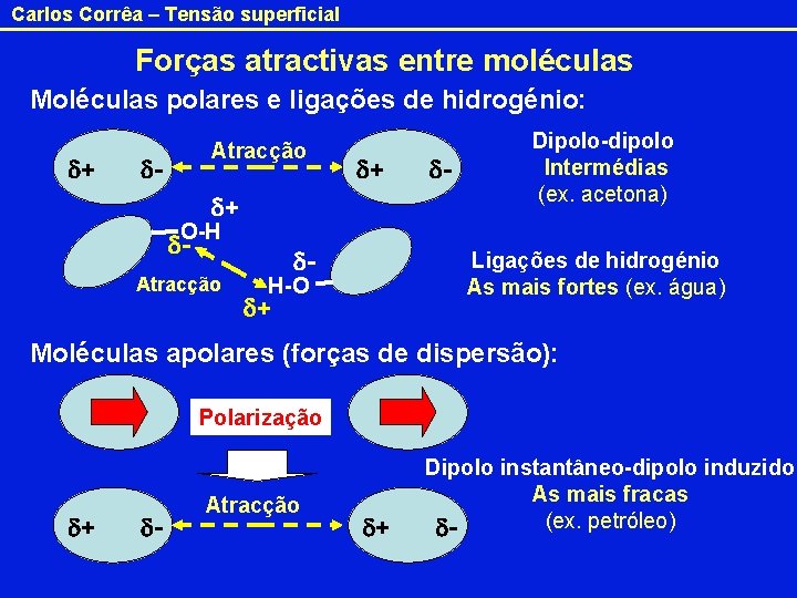 Carlos Corrêa – Tensão superficial Forças atractivas entre moléculas Moléculas polares e ligações de