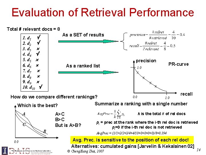 Evaluation of Retrieval Performance Total # relevant docs = 8 As a SET of