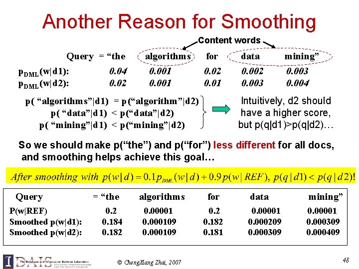 Another Reason for Smoothing Content words Query = “the p. DML(w|d 1): p. DML(w|d