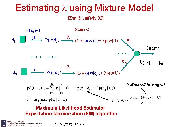 Estimating using Mixture Model [Zhai & Lafferty 02] Stage-2 Stage-1 d 1 P(w|d 1)