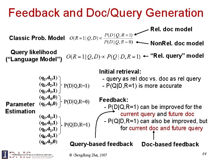 Feedback and Doc/Query Generation Rel. doc model Classic Prob. Model Non. Rel. doc model