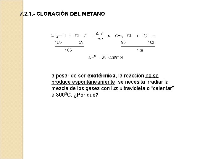 7. 2. 1. - CLORACIÓN DEL METANO a pesar de ser exotérmica, la reacción