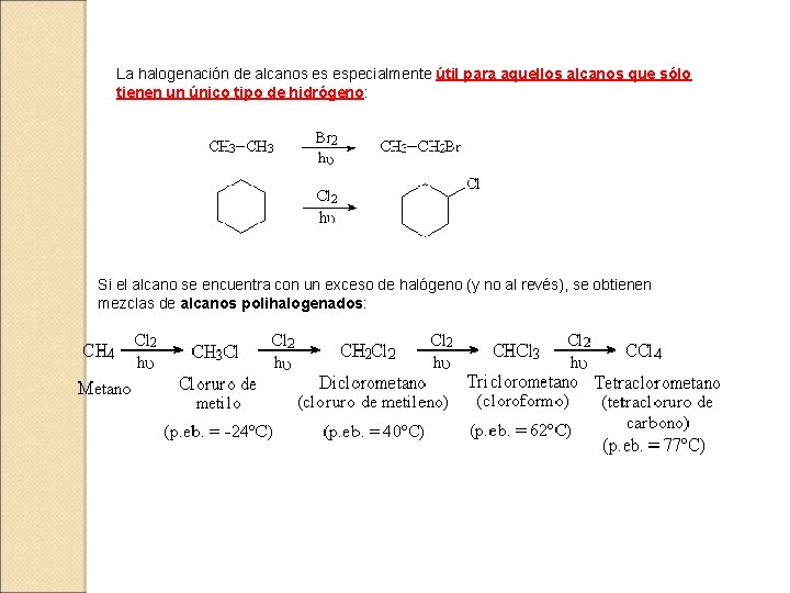 La halogenación de alcanos es especialmente útil para aquellos alcanos que sólo tienen un