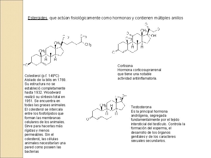 Esteroides, que actúan fisiológicamente como hormonas y contienen múltiples anillos Colesterol (p. f. 149ºC)