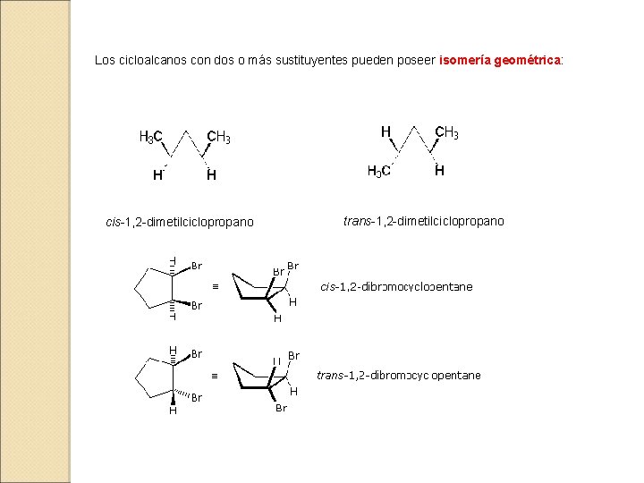 Los cicloalcanos con dos o más sustituyentes pueden poseer isomería geométrica: cis-1, 2 -dimetilciclopropano
