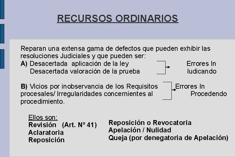 RECURSOS ORDINARIOS Reparan una extensa gama de defectos que pueden exhibir las resoluciones Judiciales