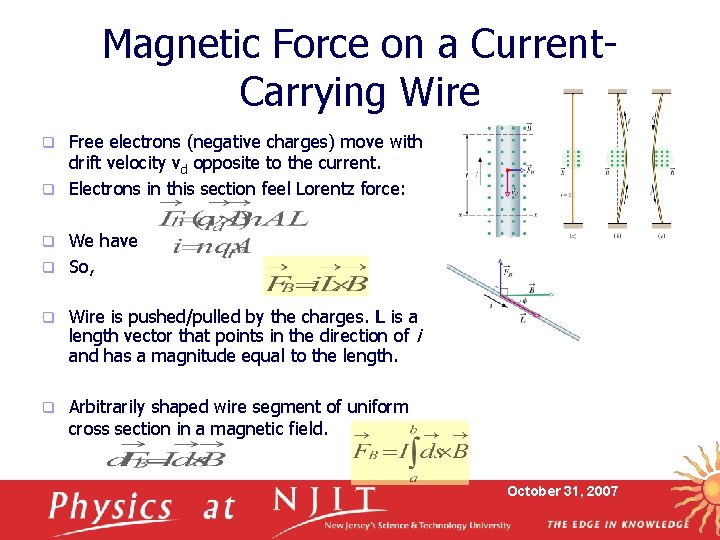 Magnetic Force on a Current. Carrying Wire Free electrons (negative charges) move with drift