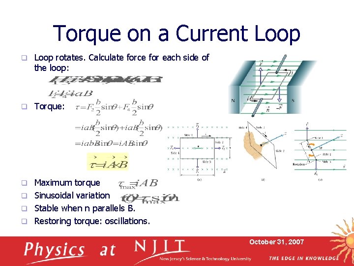 Torque on a Current Loop q Loop rotates. Calculate force for each side of