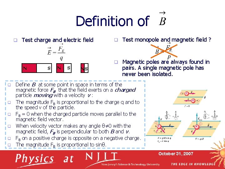 Definition of q Test charge and electric field N q q q S NS