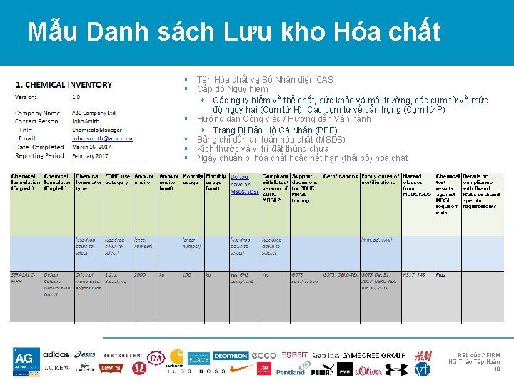 Mẫu Danh sách Lưu kho Hóa chất § Tên Hóa chất và Số Nhận