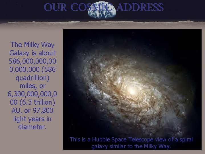 OUR COSMIC ADDRESS The Milky Way Galaxy is about 586, 000, 000 (586 quadrillion)