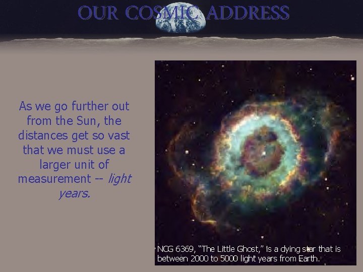 OUR COSMIC ADDRESS As we go further out from the Sun, the distances get