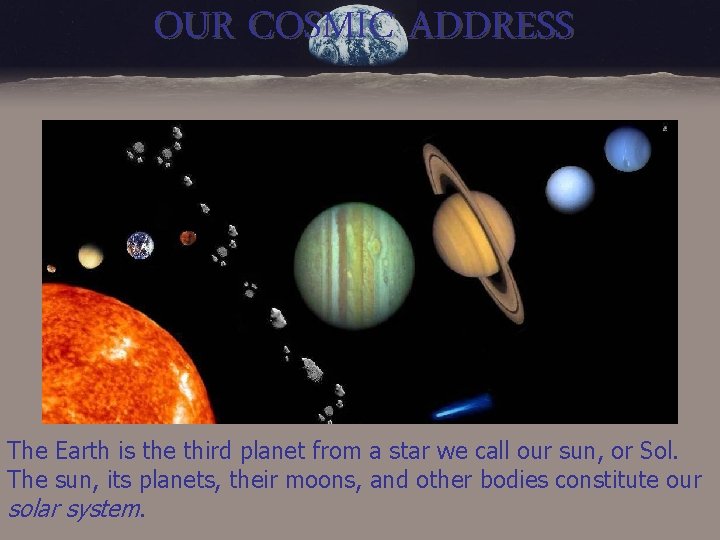 OUR COSMIC ADDRESS The Earth is the third planet from a star we call