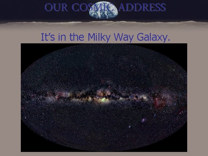 OUR COSMIC ADDRESS It’s in the Milky Way Galaxy. 