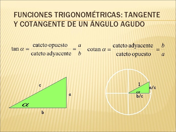 FUNCIONES TRIGONOMÉTRICAS: TANGENTE Y COTANGENTE DE UN ÁNGULO AGUDO 1 c a b b/c
