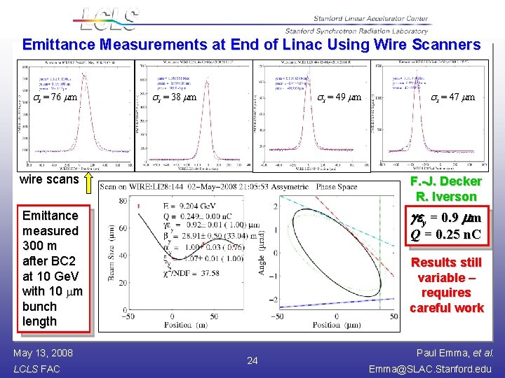 Emittance Measurements at End of Linac Using Wire Scanners x = 76 mm x