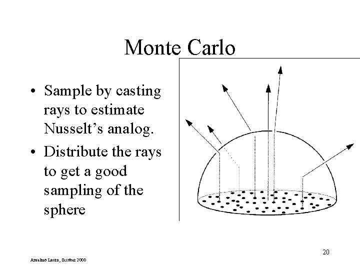 Monte Carlo • Sample by casting rays to estimate Nusselt’s analog. • Distribute the