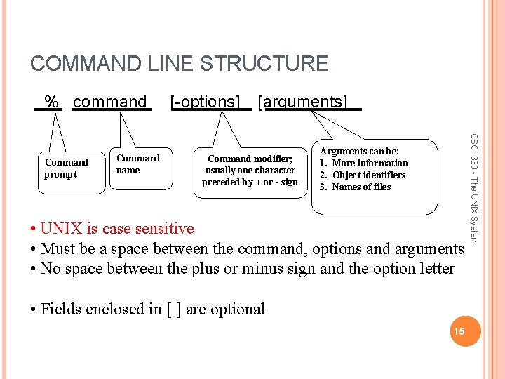 COMMAND LINE STRUCTURE % command [arguments] Command modifier; usually one character preceded by +