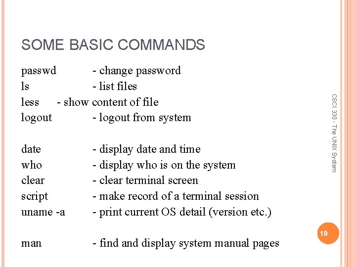 SOME BASIC COMMANDS date who clear script uname -a man CSCI 330 - The