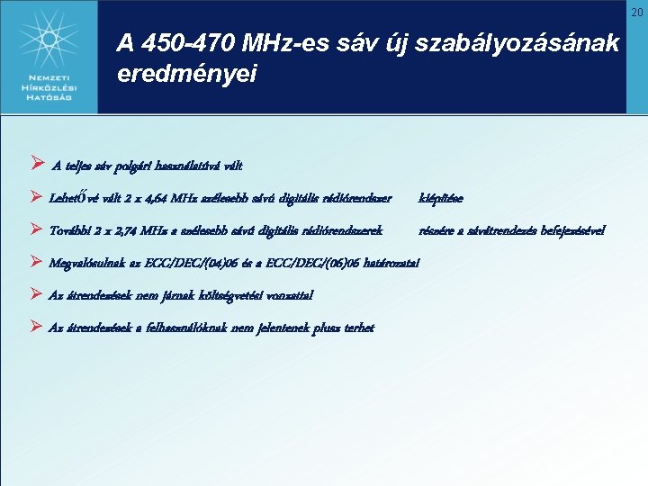 20 A 450 -470 MHz-es sáv új szabályozásának eredményei Ø A teljes sáv polgári