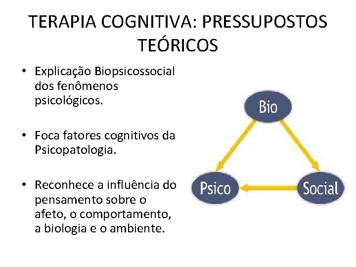 TERAPIA COGNITIVA: PRESSUPOSTOS TEÓRICOS • Explicação Biopsicossocial dos fenômenos psicológicos. • Foca fatores cognitivos