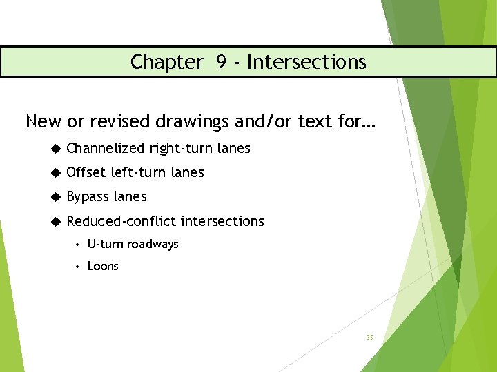 Chapter 9 - Intersections New or revised drawings and/or text for… Channelized right-turn lanes