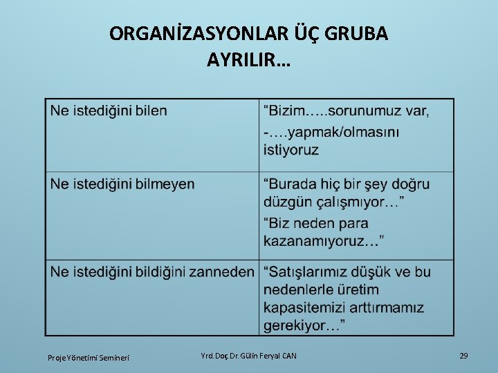 ORGANİZASYONLAR ÜÇ GRUBA AYRILIR… Proje Yönetimi Semineri Yrd. Doç. Dr. Gülin Feryal CAN 29