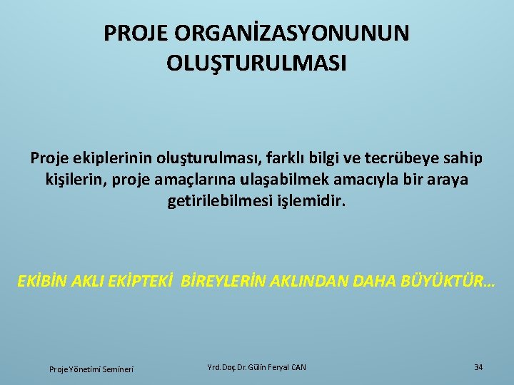 PROJE ORGANİZASYONUNUN OLUŞTURULMASI Proje ekiplerinin oluşturulması, farklı bilgi ve tecrübeye sahip kişilerin, proje amaçlarına
