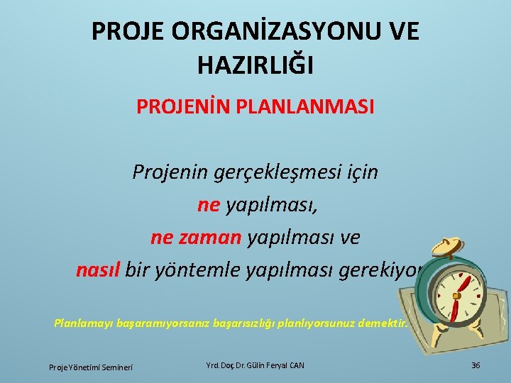 PROJE ORGANİZASYONU VE HAZIRLIĞI PROJENİN PLANLANMASI Projenin gerçekleşmesi için ne yapılması, ne zaman yapılması