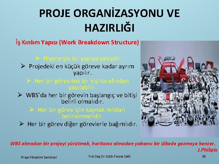 PROJE ORGANİZASYONU VE HAZIRLIĞI İş Kırılım Yapısı (Work Breakdown Structure) Ø Hiyerarşik bir yapıya