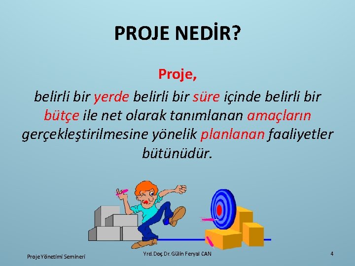 PROJE NEDİR? Proje, belirli bir yerde belirli bir süre içinde belirli bir bütçe ile