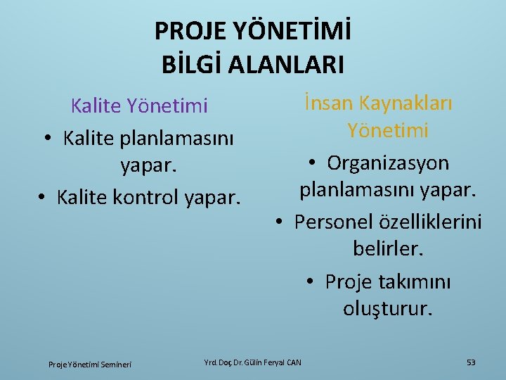 PROJE YÖNETİMİ BİLGİ ALANLARI Kalite Yönetimi • Kalite planlamasını yapar. • Kalite kontrol yapar.