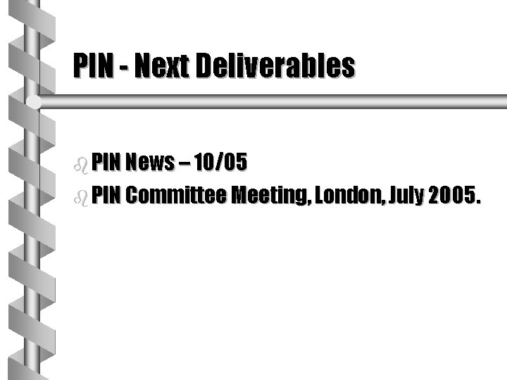 PIN - Next Deliverables b PIN News – 10/05 b PIN Committee Meeting, London,
