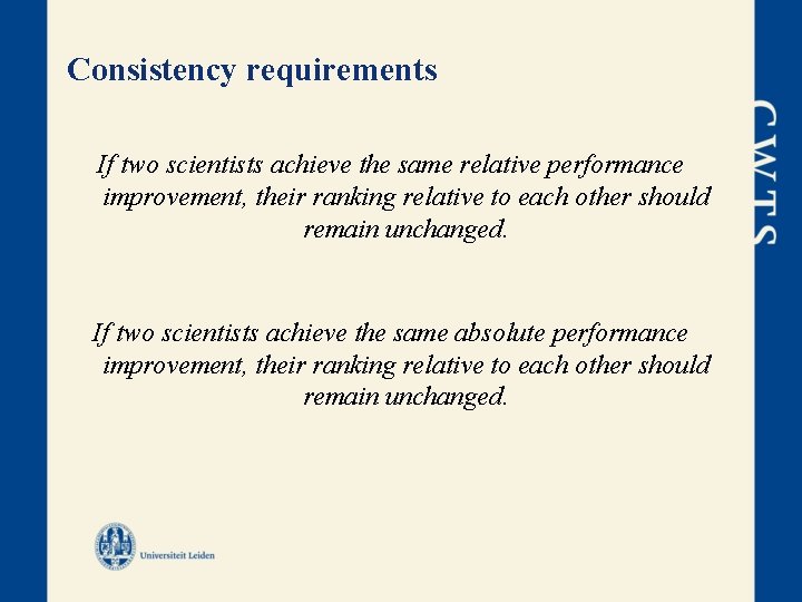 Consistency requirements If two scientists achieve the same relative performance improvement, their ranking relative