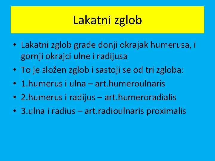 Lakatni zglob • Lakatni zglob grade donji okrajak humerusa, i gornji okrajci ulne i