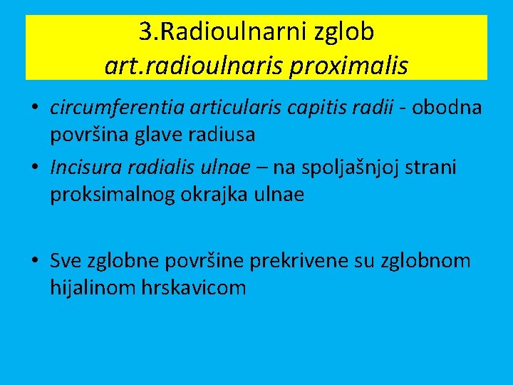 3. Radioulnarni zglob art. radioulnaris proximalis • circumferentia articularis capitis radii - obodna površina