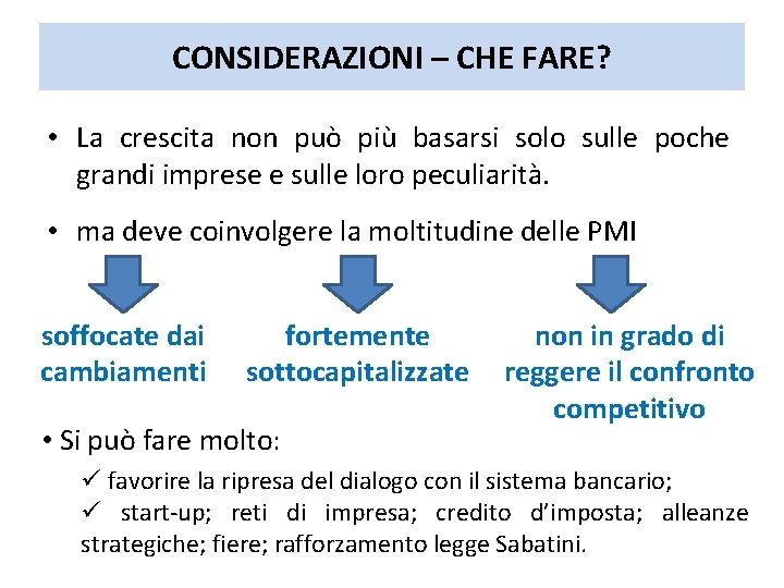 CONSIDERAZIONI – CHE FARE? • La crescita non può più basarsi solo sulle poche CONSIDERAZIONI – CHE FARE? • La crescita non può più basarsi solo sulle poche